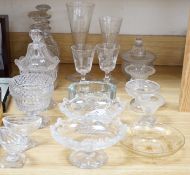 A collection of 19th century hobnail-cut salts, pots, jars and a pair of decanters, etched