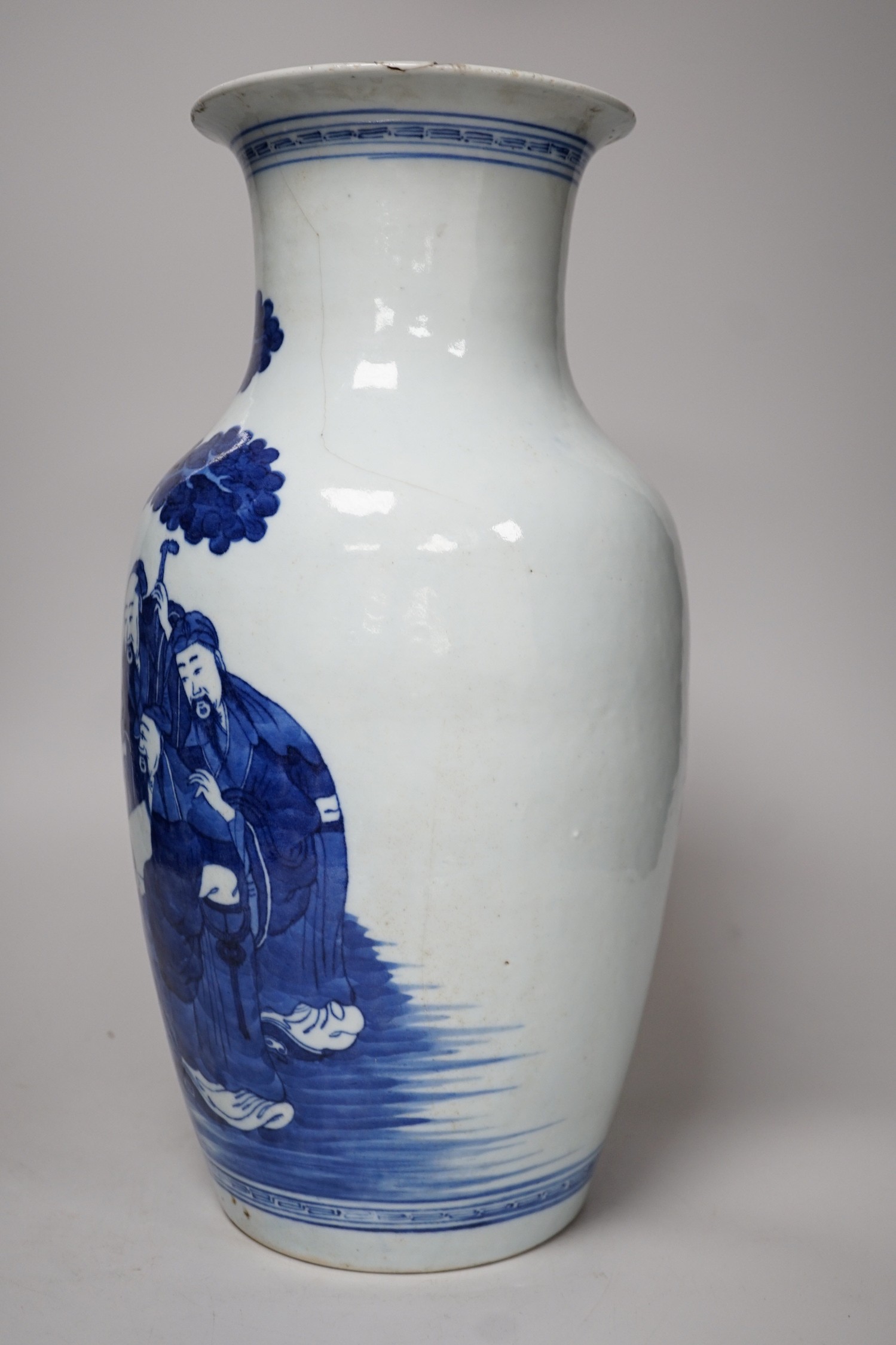 A large Chinese blue and white export vase, decorated with sages and attendants reviewing a - Image 2 of 7