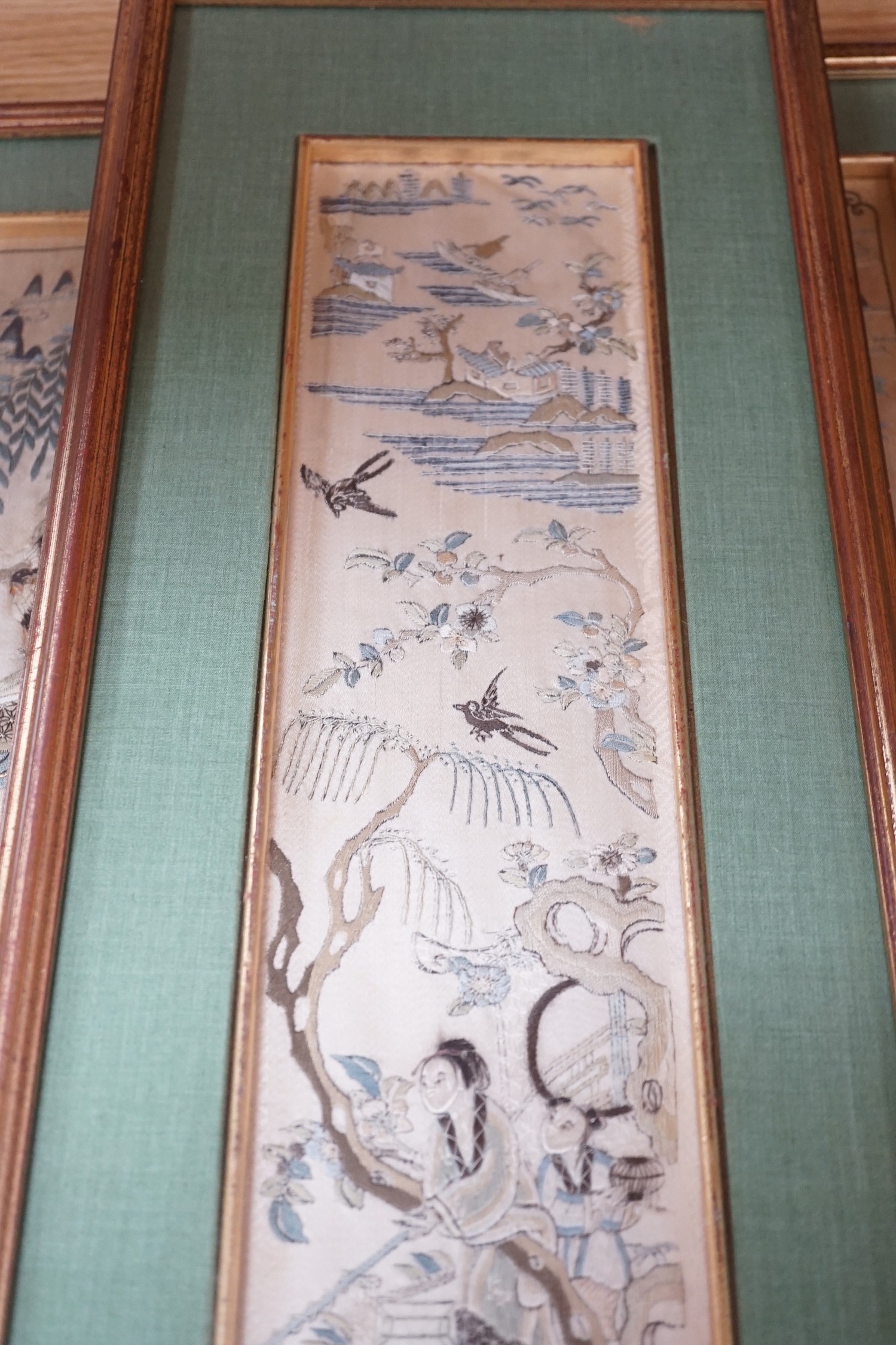 Three pairs of gilt framed, 19th century, silk embroidered, sleeve bands (for Chinese robes), - Image 7 of 10