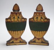 A pair of 19th century French painted urn-shaped toleware spill vases, 23.5cms high