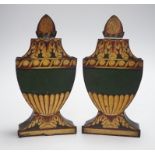 A pair of 19th century French painted urn-shaped toleware spill vases, 23.5cms high