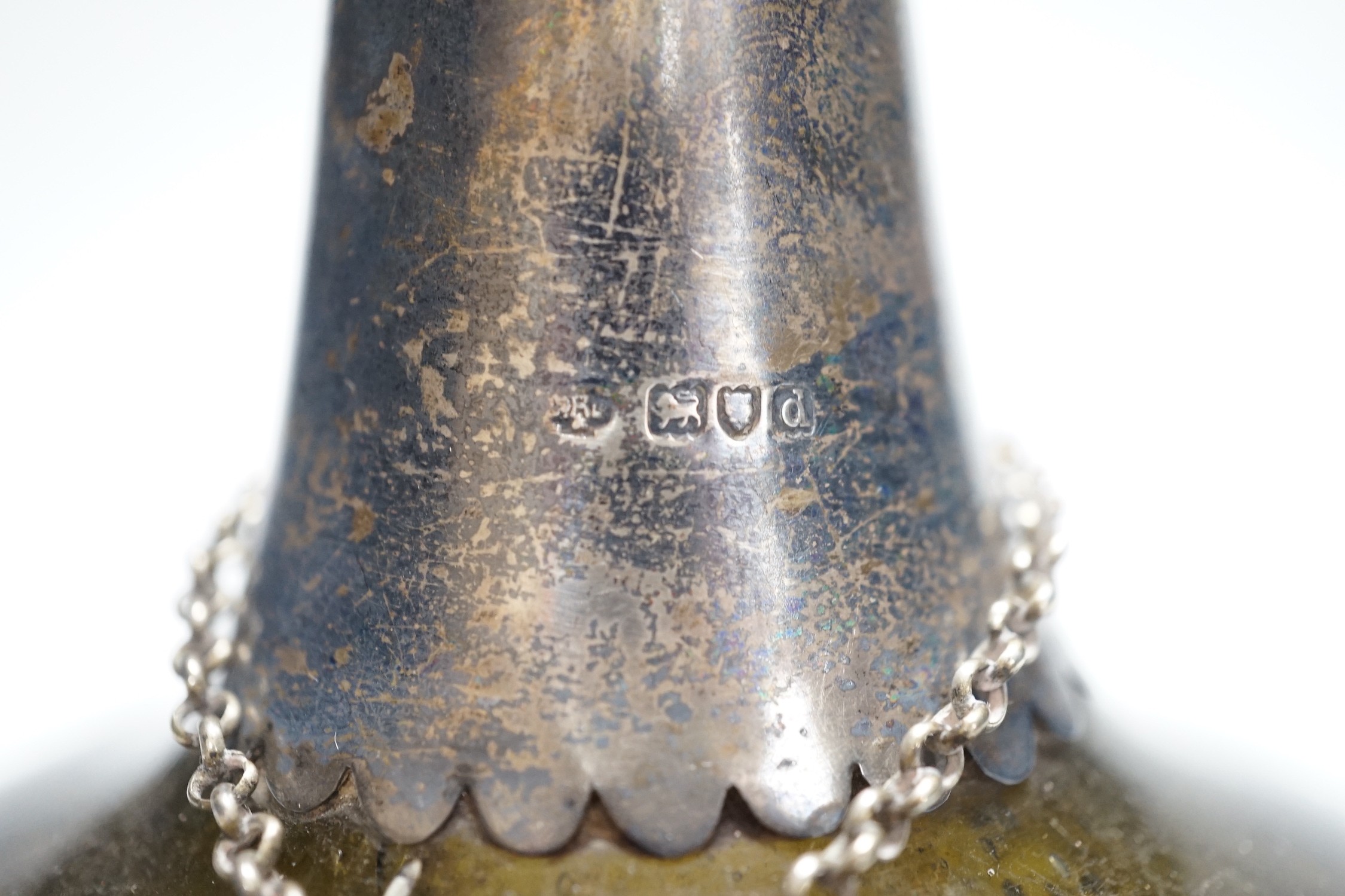 An 18th century green glass onion-shape bottle, with later silver mount, London, 1899, together with - Image 3 of 5