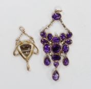 An early 20th century Art Nouveau 9ct and band agate set drop pendant, 37mm and a similar amethyst