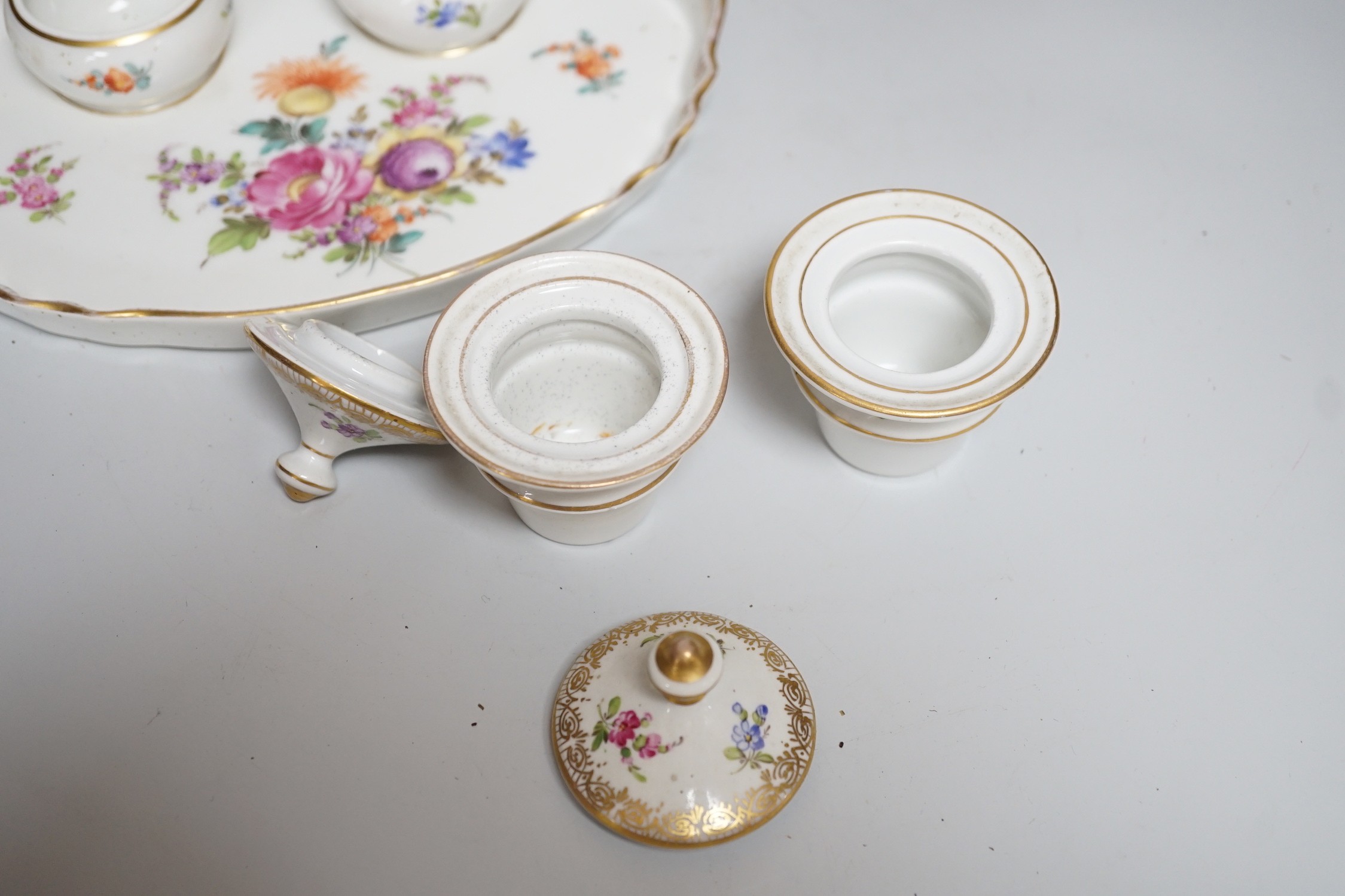 A 19th century German Inkstand with two pots and covers painted with flowers, 24cm wide, and a - Image 3 of 8