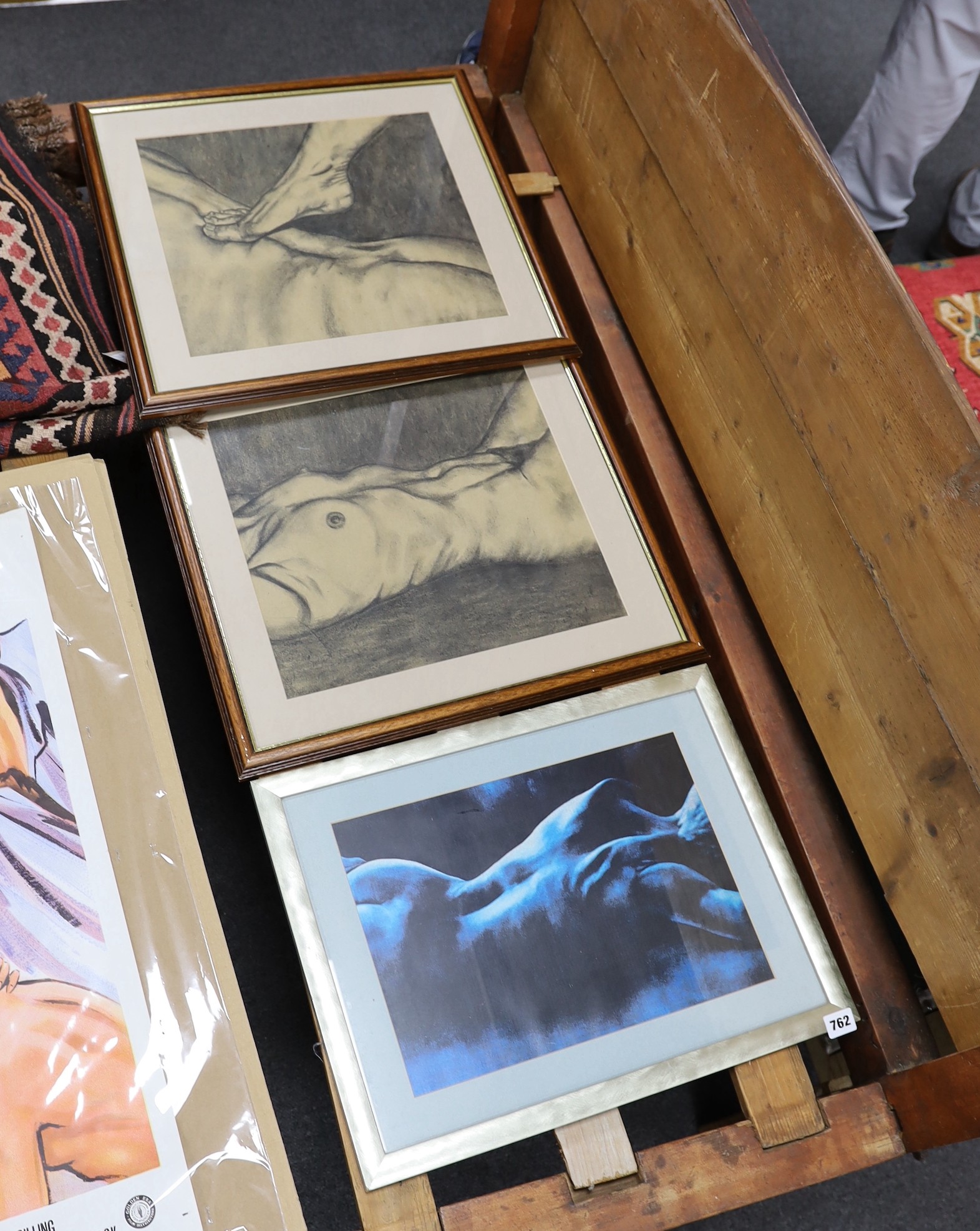 Contemporary British, three prints, reclining nude torso studies, approx 27 x 38cm each