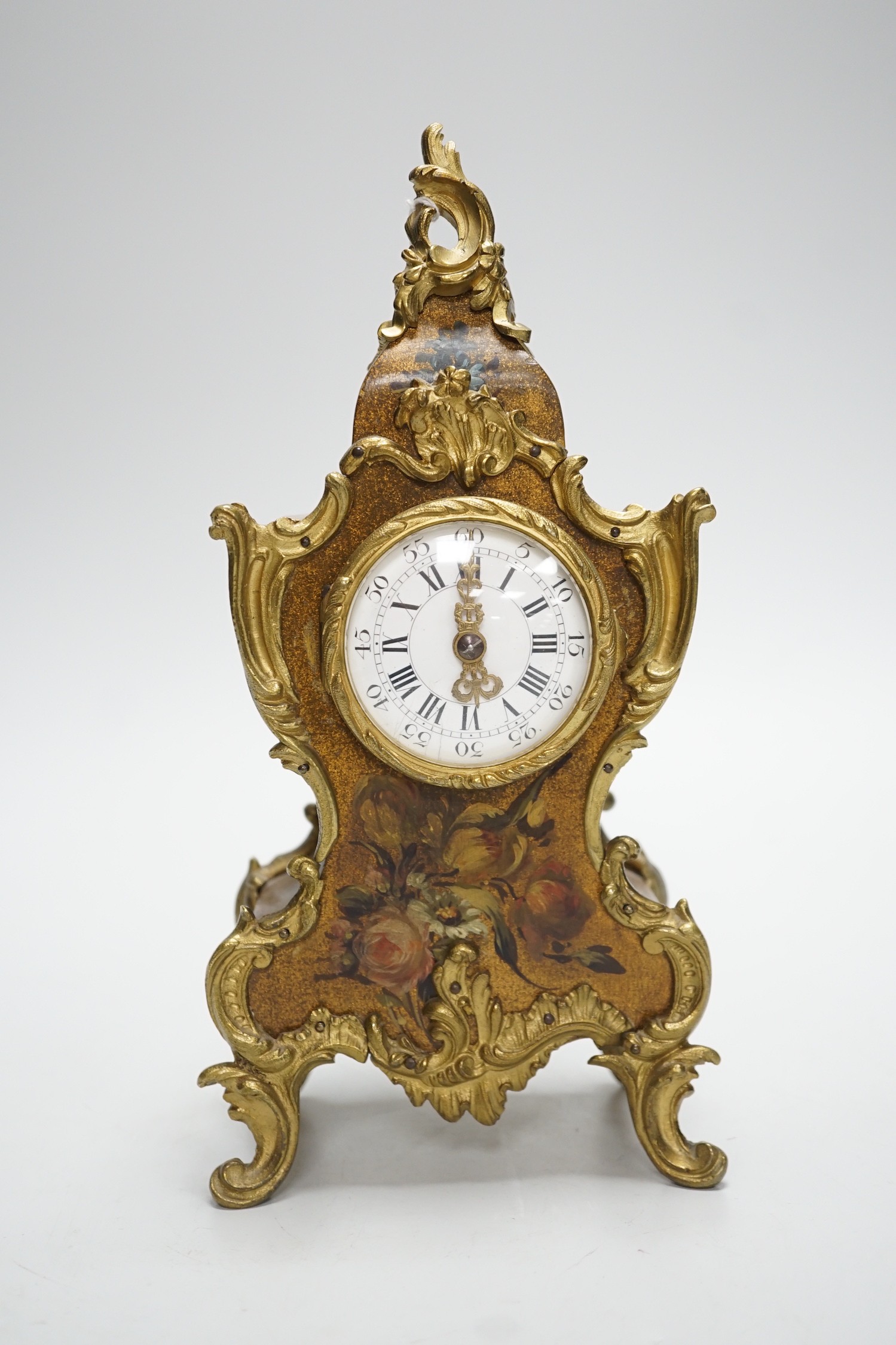 An early 20th century French gilt metal mounted painted mantel timepiece, 25cm - Image 2 of 5