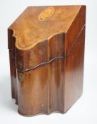 A George III crossbanded inlaid mahogany knife box, adapted interior, 35cm