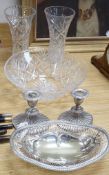 A pair of Doulton cut glass vases and a bowl plus a pair of silver plated candlesticks and a dish,