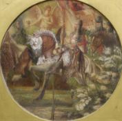 P. Moore, oil on canvas, Stylised heraldic composition with figures on horseback before an angel,