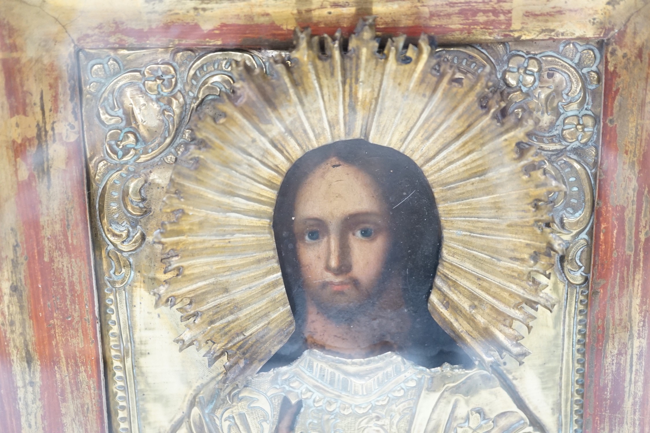 A late 19th- early 20th century Russian icon, in case,28cms high x 25cms wide in total - Image 2 of 4