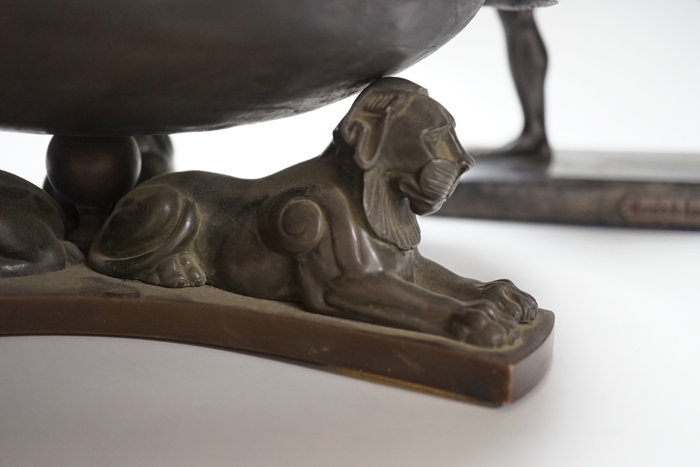 A large bronze dish, on triform lion base, and a bronze-finished warrior, dish 28cms diameter - Image 3 of 8