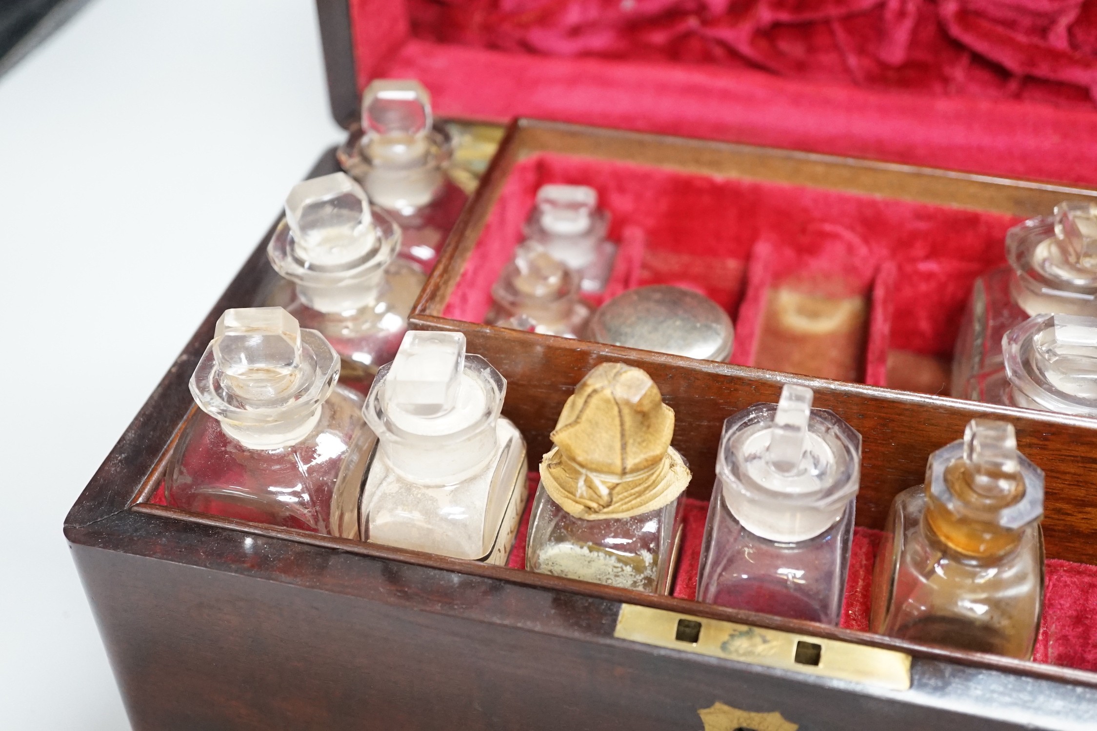 A 19th century mahogany cased travelling apothecary set with glass flasks, handle plate engraved ‘ - Image 3 of 5