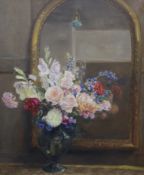 British School, early 20th century, oil on canvas, still life study, Vase of roses, 75 x 63cm