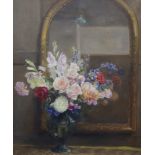 British School, early 20th century, oil on canvas, still life study, Vase of roses, 75 x 63cm