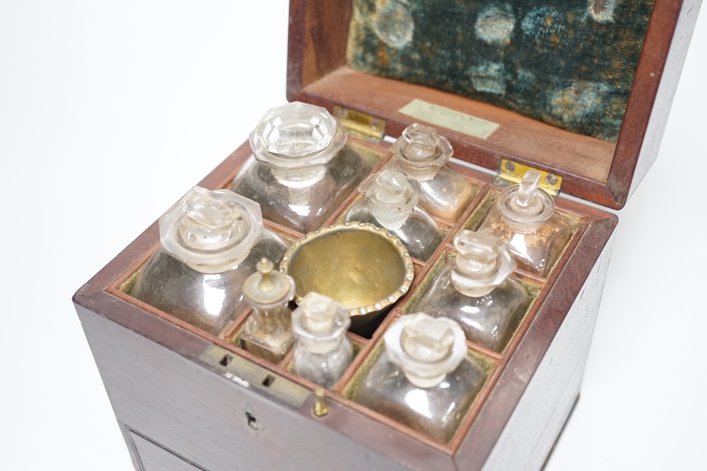 A George III mahogany cased travelling apothecary set with glass flasks, 19cm high - Image 3 of 4