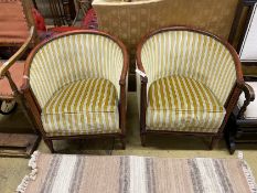 A pair of Art Deco style Continental beech upholstered tub chairs, width 70cm, depth 62cm, height