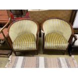 A pair of Art Deco style Continental beech upholstered tub chairs, width 70cm, depth 62cm, height