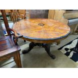 A 19th century inlaid walnut breakfast / centre table (in need of restoration), diameter 110cm,
