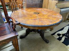 A 19th century inlaid walnut breakfast / centre table (in need of restoration), diameter 110cm,