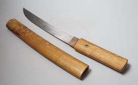 A 19th century Japanese Yoroi-doshi (armour piercer) type tanto with horn inlaid wood handle. 47cm