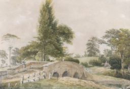 Joseph Powell (1780–1834), watercolour, Rural scene in high summer, view of Finchley Bridge,