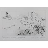 Sophie Mason, contemporary, artist proof etching, Mountain village, Pyrenees, signed and titled in