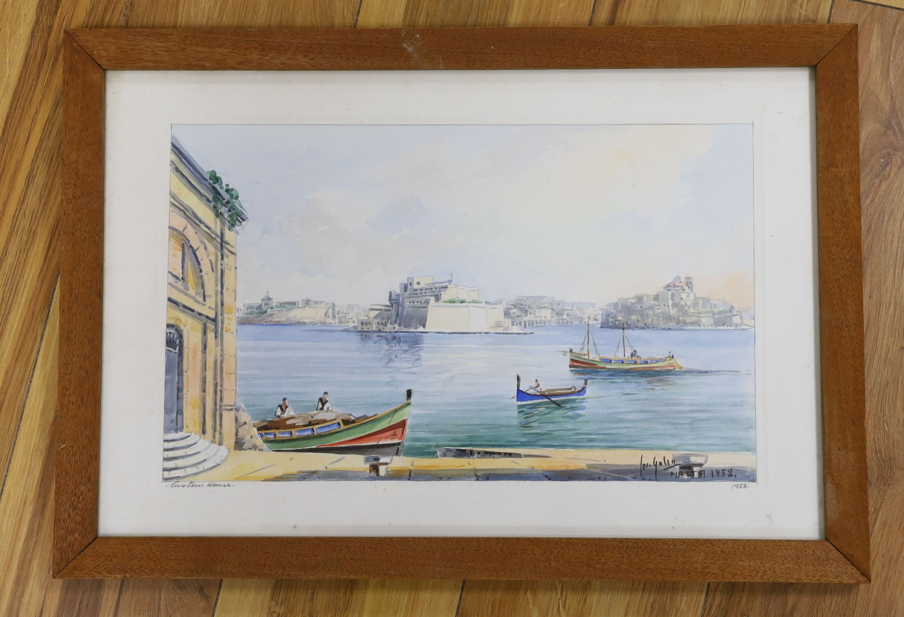 Joseph Galea (1904-1985), watercolour, 'Custom House, Valetta, Malta', signed and dated 1958, 24 x - Image 2 of 5