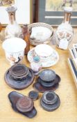 A group of Japanese Satsuma pottery, other ceramics, wood stands etc,pair of vases 18cms high