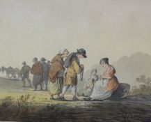William Payne (1760–1830), watercolour, Figures crossing a plain, signed, 12 x 15cm