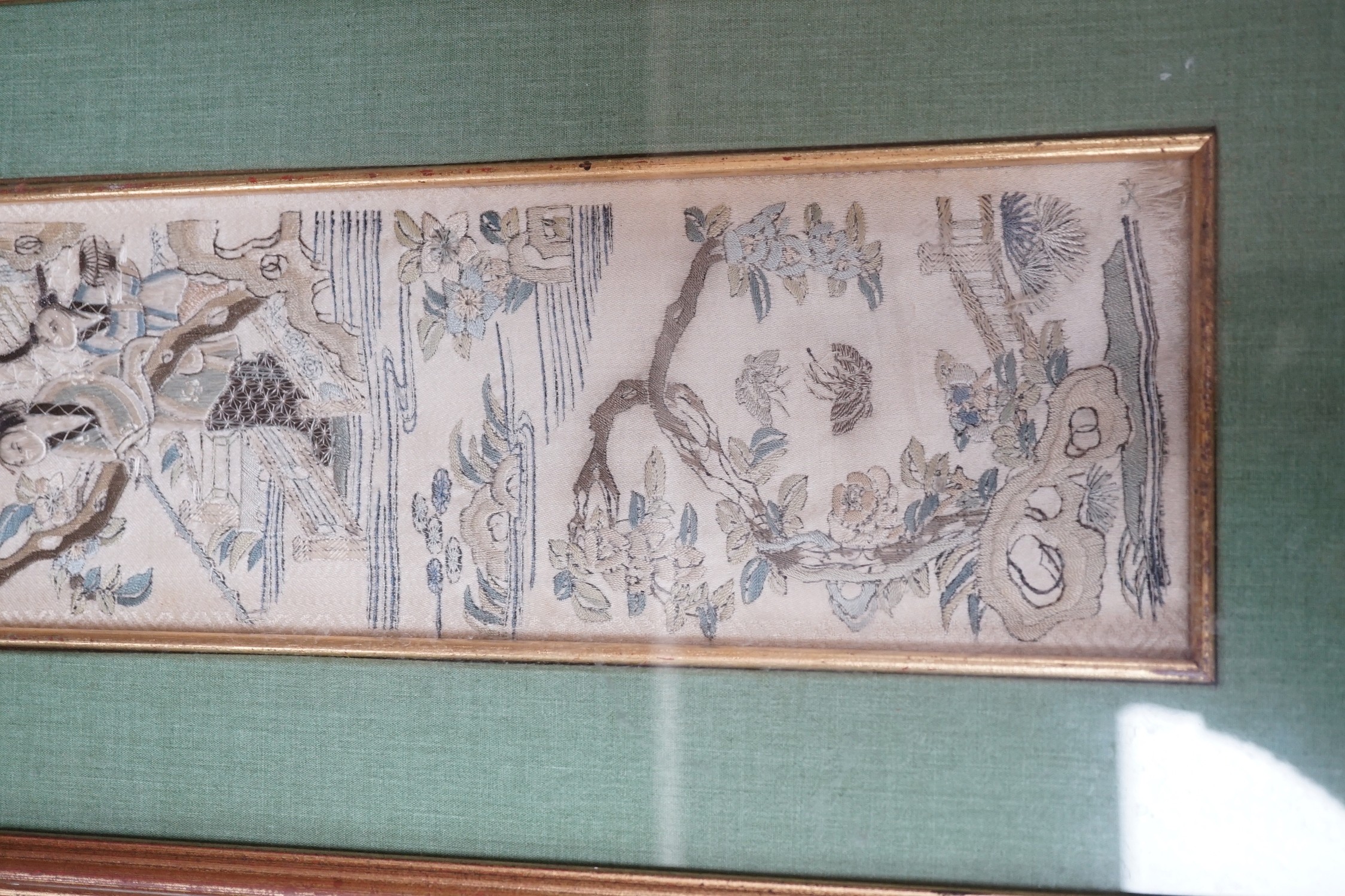 Three pairs of gilt framed, 19th century, silk embroidered, sleeve bands (for Chinese robes), - Image 9 of 10