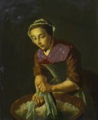 English School, 19th century, reverse glass painted print, painting of a washer woman, dated 1847