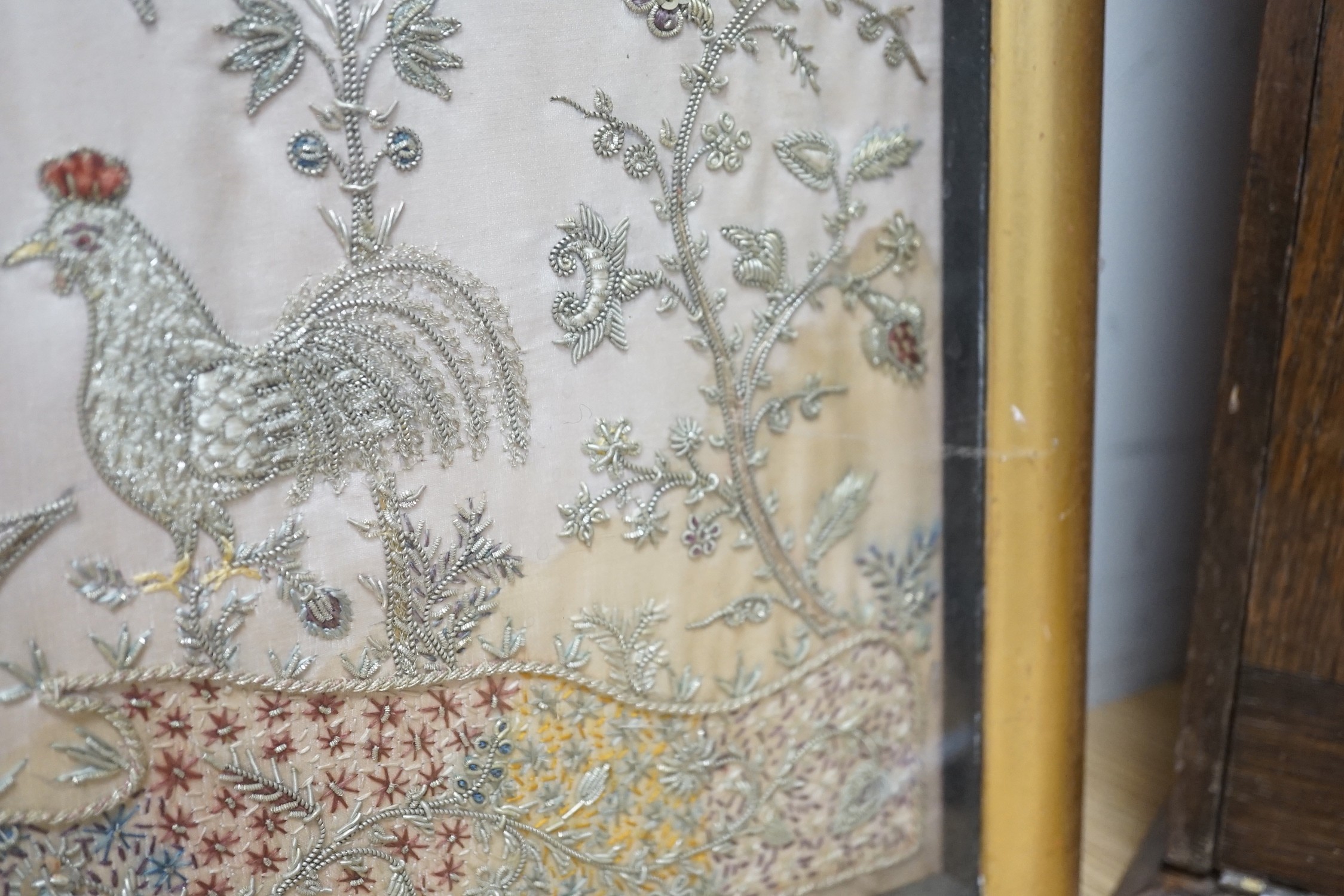 A framed silk, multi coloured metal thread embroidered Indian panel: a peacock seated amongst birds, - Image 8 of 8