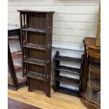 An Art Nouveau oak narrow open bookcase, height 142cm together with a smaller pine wall bracket