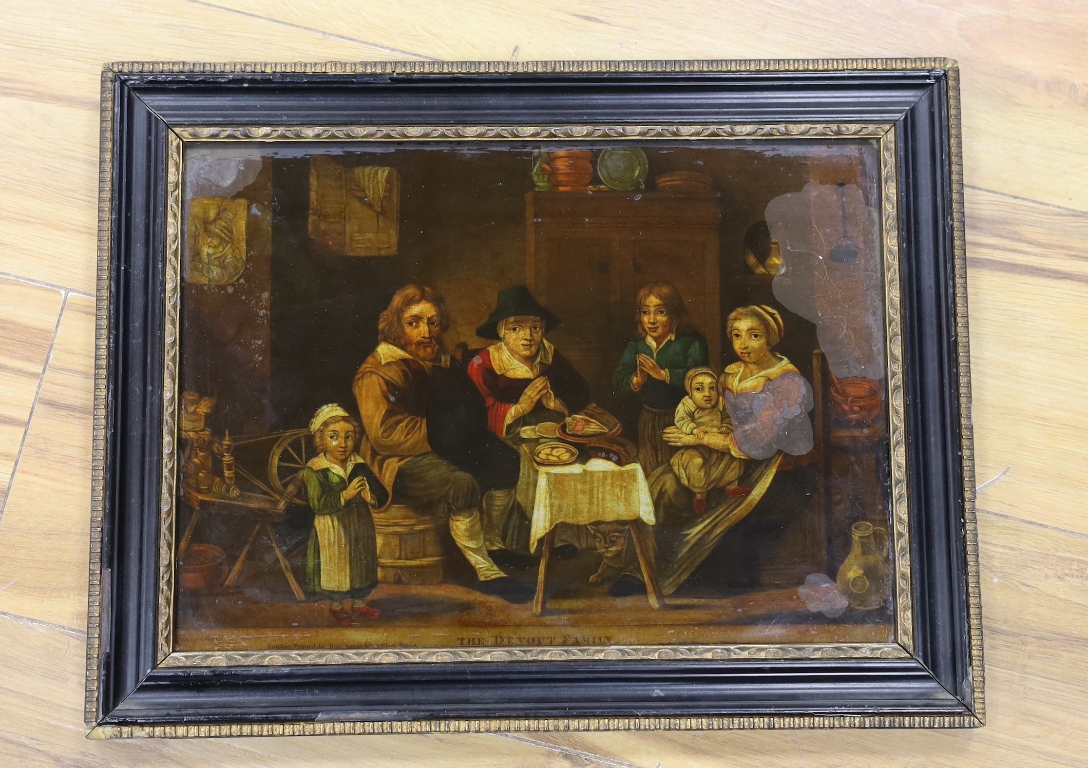 English School, early 19th century, reverse glass painted print, 'The devout family', 25 x 34cm - Image 2 of 3