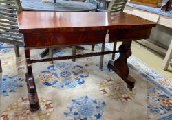 A Victorian mahogany two drawer stretcher table, width 115cm, depth 53cm, height 77cm