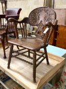 A 19th century Continental carved oak tub framed elbow chair on turned spiral underframe, width