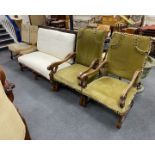 A Louis XVI style mahogany five piece salon suite comprising settee, length 135cm, depth 80cm,