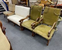 A Louis XVI style mahogany five piece salon suite comprising settee, length 135cm, depth 80cm,