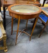 A Edwardian inlaid satinwood oval bijouterie table, width 58cm, depth 38cm, height 76cm