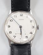 A gentleman's stainless steel Zenith manual wind wrist watch, the movement signed Mappin, on later