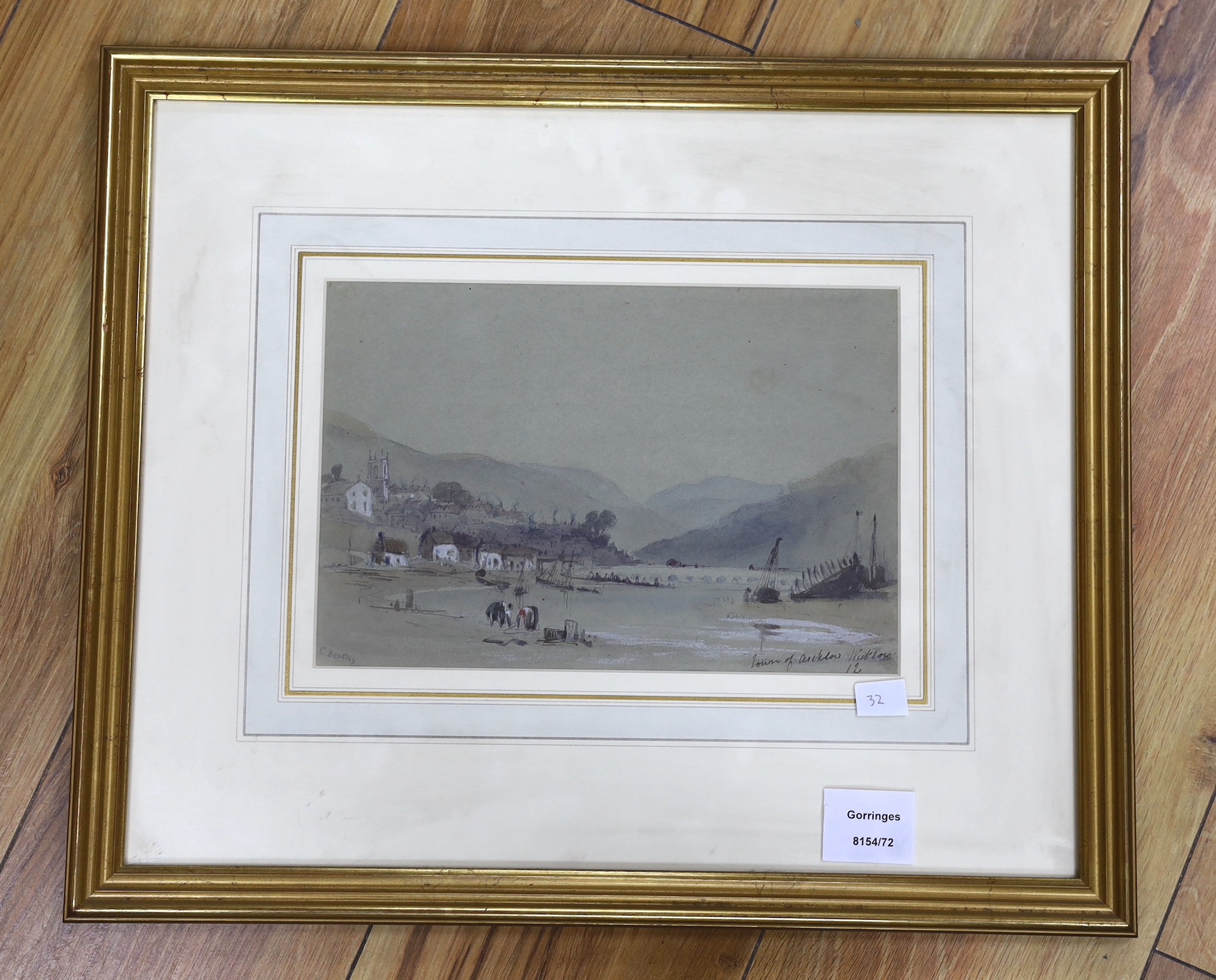 Charles Bentley (1808–1854), watercolour, Estuary scene with fishing vessels, Town of Arklow, - Image 2 of 4