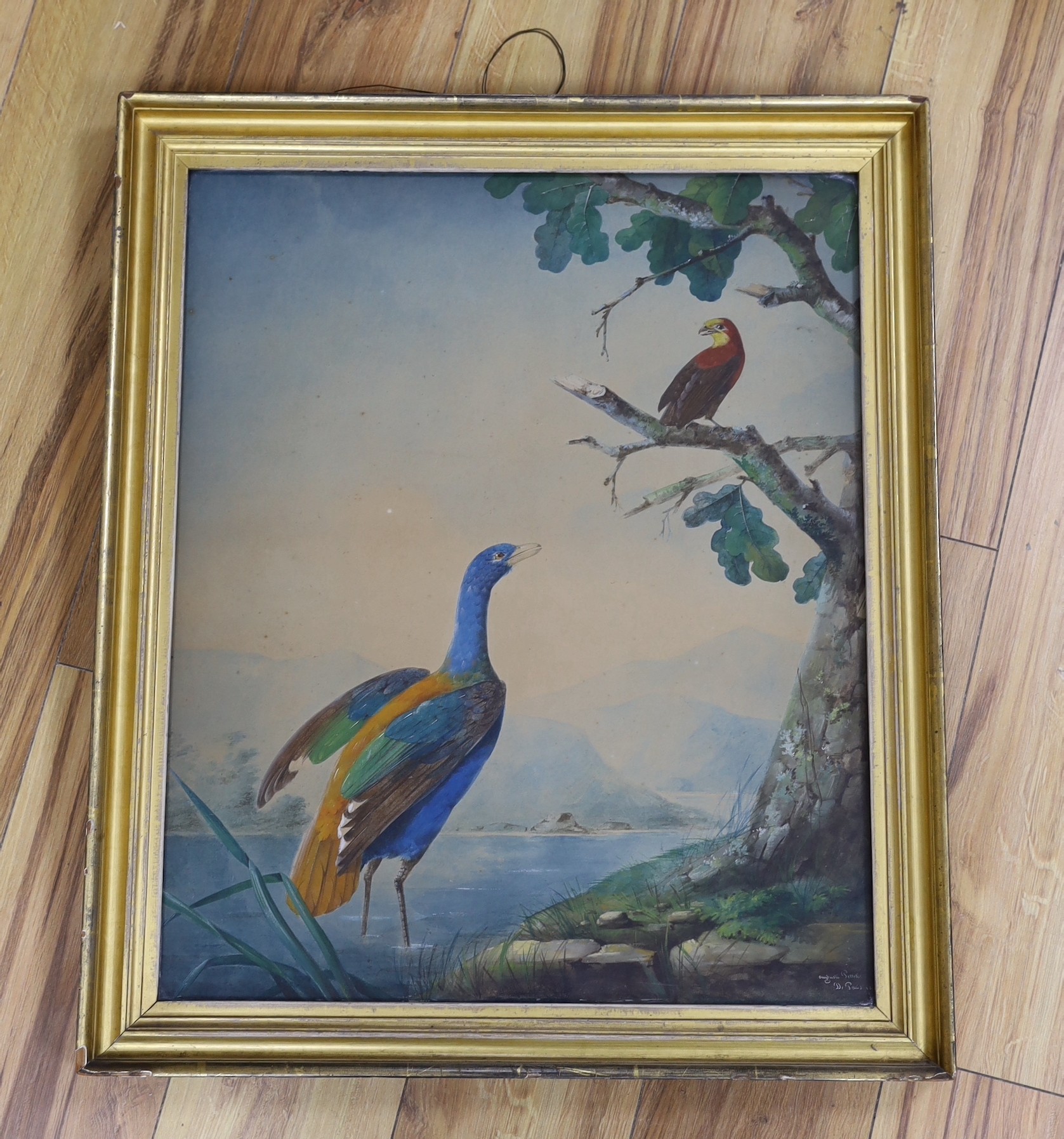 After Auguste Pelletier (fl.1800-1847), glass painting, Study of birds by a lake, 59 x 49cm - Image 2 of 5