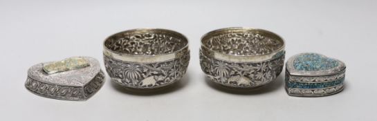 A pair of Indian embossed white metal finger bowls, diameter 97mm , a Persian white metal and
