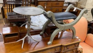 A contemporary cast metal faux stag antler tripod wine table, diameter 39cm, height 53cm together