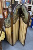 An early 20th century oak three fold screen, painted oil on canvas panels and stretched silk, height
