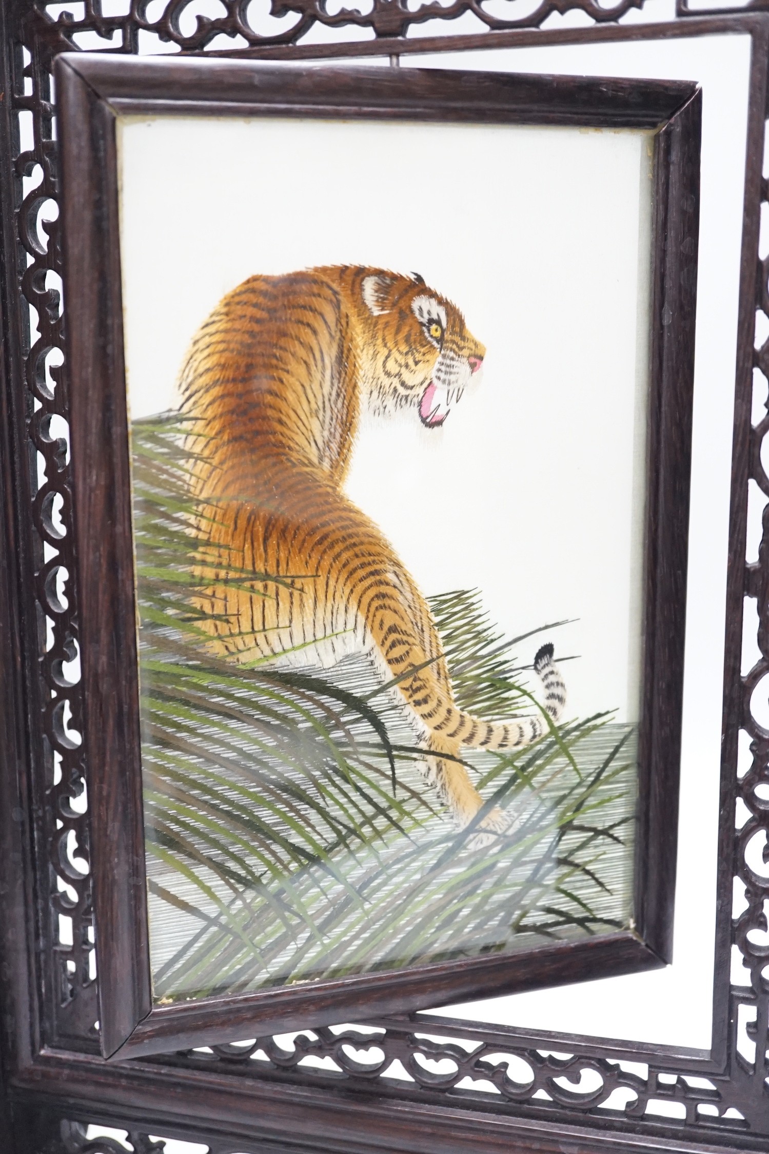 A Chinese reversible silk embroidered panel of a tiger in a revolving screen and hardwood carved - Image 4 of 4