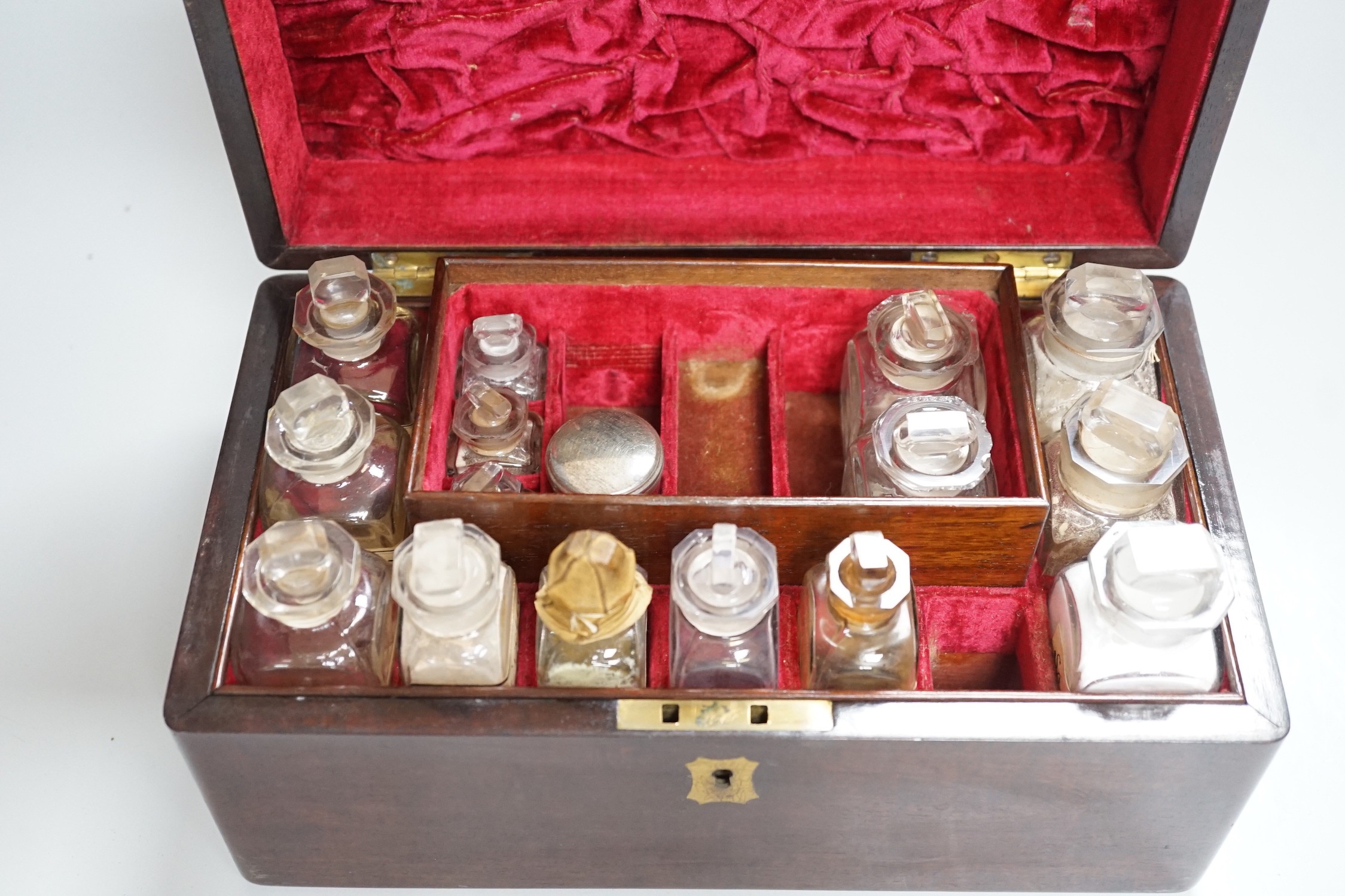 A 19th century mahogany cased travelling apothecary set with glass flasks, handle plate engraved ‘ - Image 2 of 5