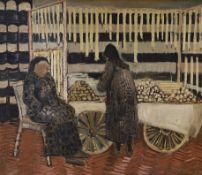 Modern British, 20th century, oil on canvas, Seated figures beside a market cart, indistinctly