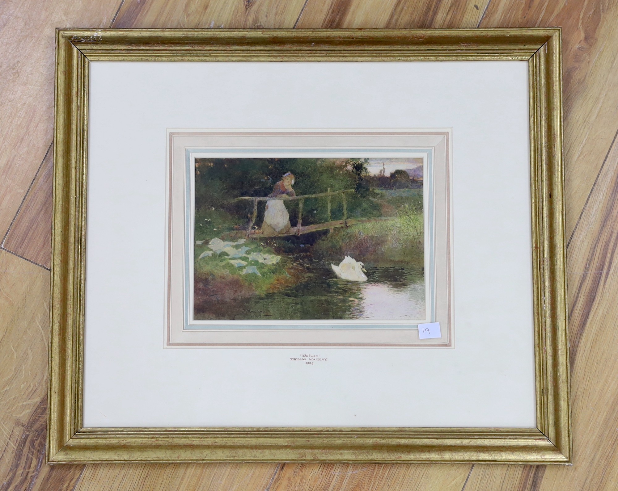 Thomas Mackay (1851-1920), watercolour, ‘The Swan’, rural view with maid on a bridge, signed and - Image 2 of 4