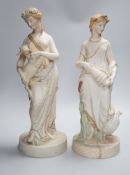 A pair of large W H Goss bisque classical female figures, one with lamb, the other Leda and the